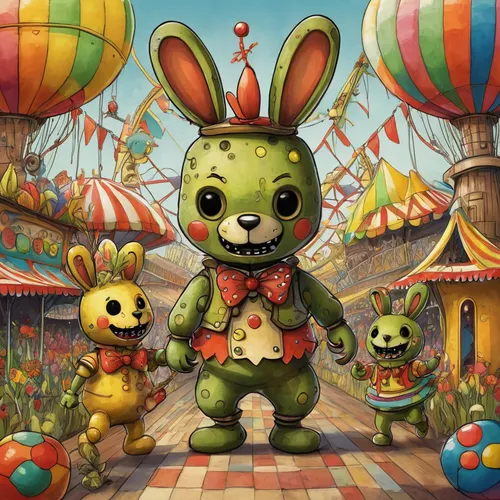 Design a playful and whimsical springtrap fanart in a colorful carnival.,easter festival,easter theme,children's background,rainbow rabbit,easter background,green animals,easter-colors,game illustrati