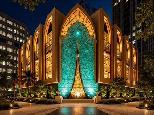 Opulent Art Deco monument, lavish golden accents, rich bronze tones, vibrant turquoise mosaics, geometric patterns, ornate metalwork, luxurious marble surfaces, bold black outlines, stylized floral mo