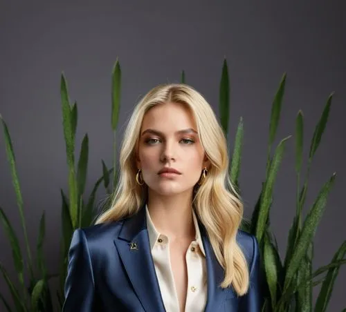 beautiful blonde girl,a woman standing near a plant wearing a suit,michalka,pantsuit,navy suit,official portrait,lubomirski,pantsuits,Photography,Fashion Photography,Fashion Photography 09