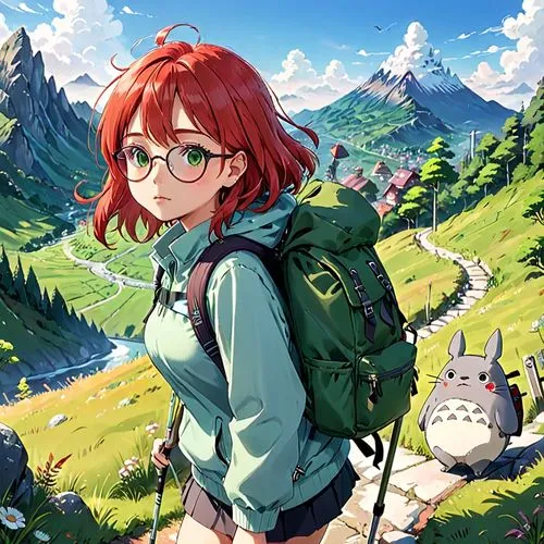 studio ghibli,mountain guide,hiker,mountain hiking,meteora,hiking,hike,hikers,backpacking,alpine crossing,adventurer,adventure,backpack,matterhorn,traveler,parka,dog hiking,trekking,darjeeling,mountain world,Anime,Anime,Traditional