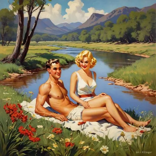 bathers,young couple,vintage boy and girl,sunbathers,vintage man and woman,idyllic,Illustration,Retro,Retro 10