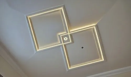 I want to convert this layout to a real gypsum decoration in the ceiling of a room,a square light box and some square lights,ceiling light,ceiling construction,coffered,ceiling lamp,velux,ceiling ligh