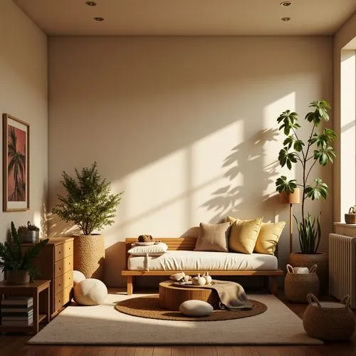 Cozy dorm room, soft warm lighting, calming color scheme, earthy tones, beige walls, wooden furniture, plush carpets, comfortable bedding, minimalist decor, natural textiles, woven baskets, greenery a