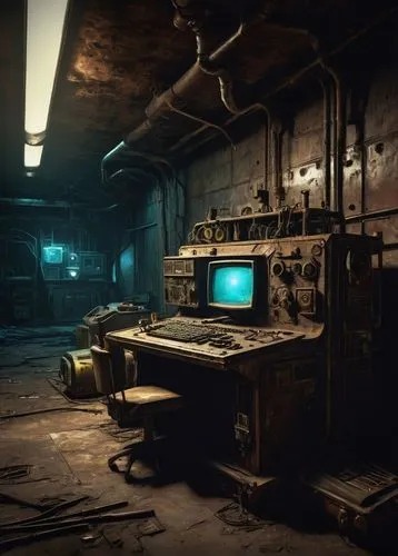 empty factory,penumbra,workbench,workbenches,nuka,computer room,fabrik,mining facility,arktika,abandoned room,cosmodrome,abandoned factory,derelict,delapidated,laboratory,lost place,abandoned place,refinery,fallout shelter,industrial,Illustration,Black and White,Black and White 24