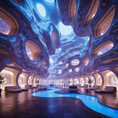 spaceship interior,futuristic art museum,futuristic architecture,ufo interior,sky space concept,futuristic landscape,spaceship space,arcology,spaceport,universum,lotusphere,the blue caves,alien world,lair,atlantis,blue caves,vortex,spaceship,blue cave,labyrinths