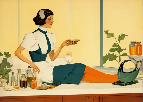 girl in the kitchen,woman drinking coffee,laundress,housework,cleaning woman,domestic life,girl with cereal bowl,housewife,woman eating apple,domestic,vintage illustration,art deco woman,olle gill,retro women,grant wood,woman holding a smartphone,woman at cafe,homemaker,vintage art,carol m highsmith,Illustration,Retro,Retro 15