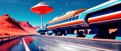 retro diner,futuristic landscape,superhighways,abstract retro,skyways,extrasolar,spaceport,vanishing point,virtual landscape,sky train,popmart,streamline,space port,spaceland,offworld,skyrail,superhighway,stratosphere,lowpoly,retro styled,Conceptual Art,Sci-Fi,Sci-Fi 29