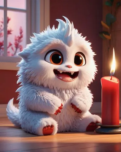  Animated scene features a close-up of a short cute fluffy monster kneeling beside a melting red candle. The art style is 3D and realistic, with a focus on lighting and texture. The mood of the painti