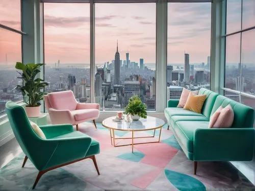 penthouses,sky apartment,apartment lounge,top of the rock,skyloft,pink chair,mid century modern,skydeck,hoboken condos for sale,manhattan,livingroom,roof terrace,tishman,gansevoort,modern decor,chaise lounge,manhattan skyline,living room,andaz,breakfast room,Conceptual Art,Sci-Fi,Sci-Fi 29