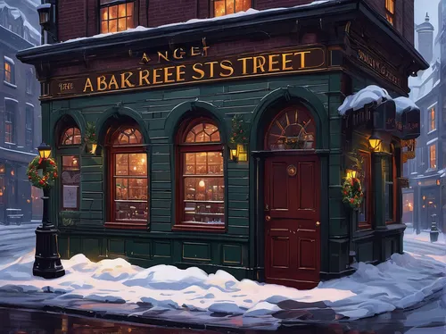 new york restaurant,crooked house,street cafe,narrow street,pub,snow scene,a restaurant,irish pub,snowhotel,the cobbled streets,storefront,drinking establishment,christmas town,treemsnow,medieval street,treet,book store,winter house,the coffee shop,snow tree,Conceptual Art,Fantasy,Fantasy 14