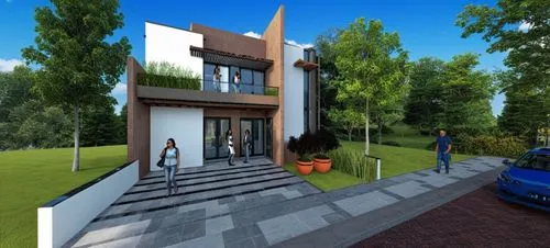 two people standing in front of a house and car,3d rendering,modern house,residential house,sketchup,revit,smart house,Photography,General,Realistic