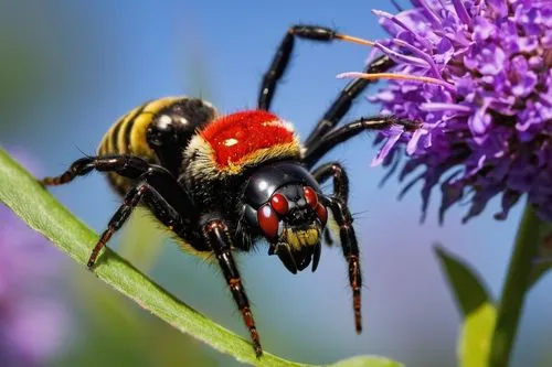 Spider bee hybrid, insectoid, half-spider half-bee body, black and yellow stripes, glowing red eyes, sharp fangs, delicate wings, furry legs, metallic exoskeleton, intricate patterns on thorax, honeyc