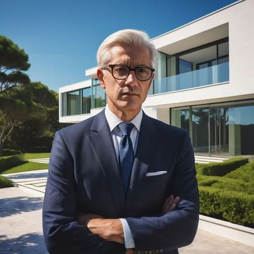 Chief architect, male, 40s, bespectacled, short hair, professional attire, standing, confident pose, holding blueprints, modern villa, luxurious residential area, sunny day, clear blue sky, white marb