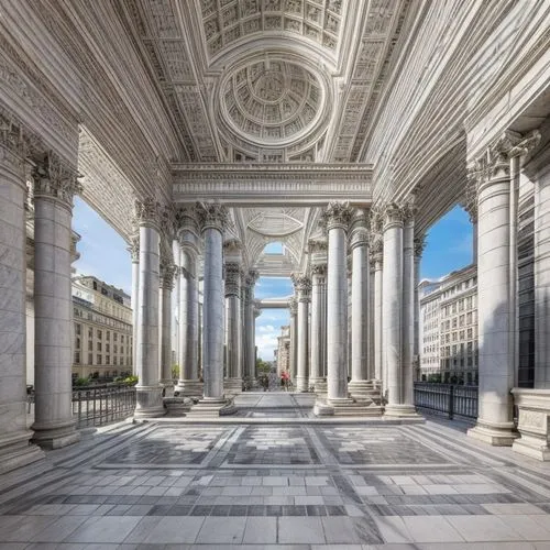 bernini's colonnade,classical architecture,marble palace,neoclassical,colonnade,ancient roman architecture,saint george's hall,doric columns,palais de chaillot,st peter's square,saint isaac's cathedra