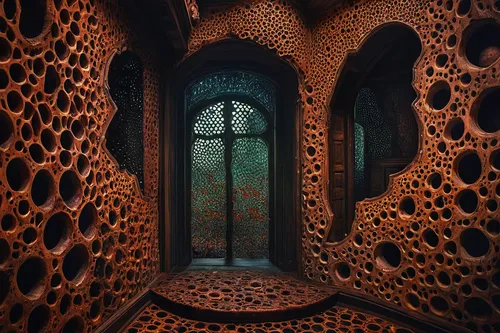 mandelbulb,trypophobia,honeycomb structure,gaudí,building honeycomb,fractal environment,hex,fractals art,iranian architecture,ornate room,wine cellar,cells,chamber,lattice window,mushroom landscape,fractals,honeycomb,hall of the fallen,catacombs,portal,Illustration,Paper based,Paper Based 09