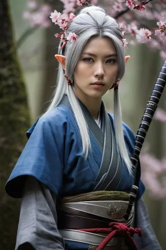 Elf samurai, solo, (25yo), slender build, pointed ears, blue eyes, long silver hair, ponytail, traditional Japanese armor, kabuto helmet, katana sword, obi belt, geta sandals, cherry blossom branch, m