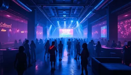 Dark nightclub interior, Prussian blue accent walls, neon lights reflecting off glossy floors, DJ booth with LED screens, crowded dance floor, people wearing futuristic outfits, glow sticks and neon a