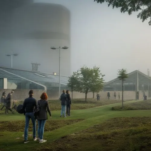 emission fog,autostadt wolfsburg,cooling towers,ground fog,wind turbines in the fog,cooling tower,foggy day,industrial landscape,urban landscape,morning mist,the fog,render,foggy,dense fog,industrial 