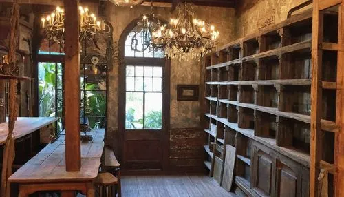 Sarasota architectural salvage, vintage store interior, old wooden shelves, distressed walls, rusty metal beams, reclaimed wood, antique doors, worn-out stairs, ornate chandeliers, dusty windows, natu