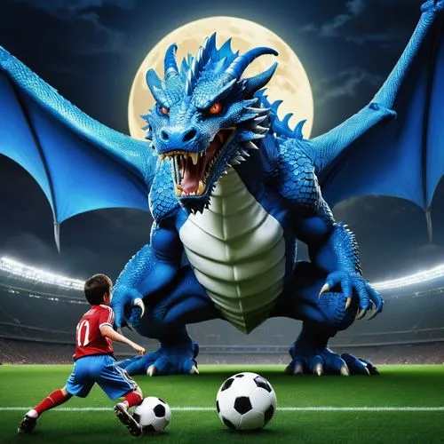 The giant soccer player prepares to face off against the funny  blue dragon with blue eyes its scales shimmering in the moonlight. The dragon's eyes are fixed on the throne,  as the soccer player laun