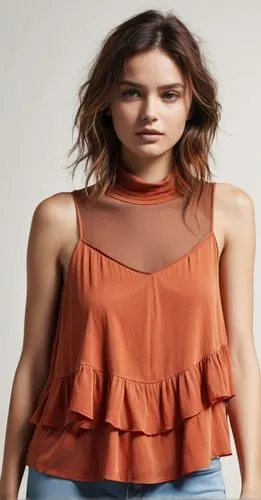 “A young woman wearing a stylish burnt orange sleeveless top with layered ruffles at cut seam and a high neckline. Her loose, wavy hair is casually tousled, giving her a relaxed yet chic appearance. T