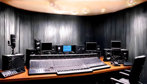 Recording studio, soundproofing panels, wooden acoustic boards, microphone stands, pop filters, headphones, mixing console, synthesizers, drum machines, studio monitors, neon lights, dark tones, 3/4 c