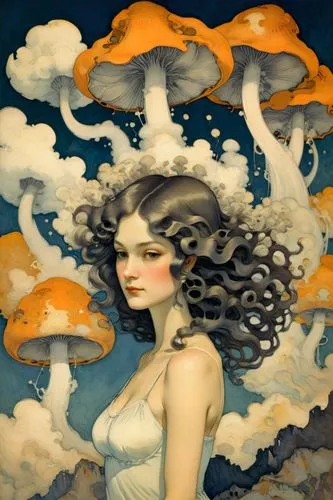 amphitrite,cloud mushroom,diwata,thunderclouds,promethea,mushroom landscape,thundercloud,hesperides,agarics,mushroom island,cielo,agaric,cumulus,persephone,mushroom cloud,naiad,undine,the wind from the sea,cloudland,nuages,Illustration,Retro,Retro 07