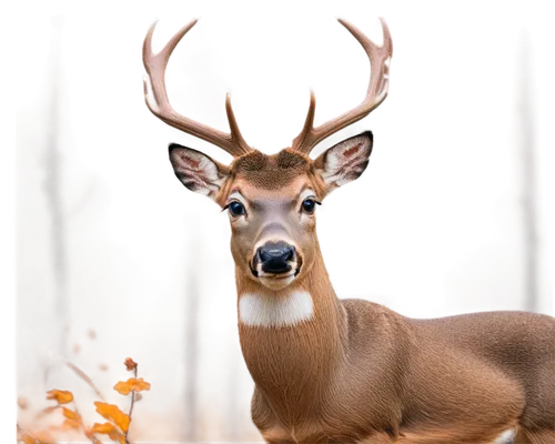 Whitetail deer, 8-point buck, majestic, brown fur, white underside, antlers branching upwards, detailed eyes, soft nose, forest habitat, morning mist, warm lighting, 3/4 composition, shallow depth of 