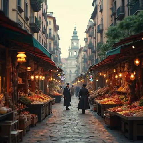 Vibrant cityscape, eclectic market stalls, diverse cultural influences, bustling streets, ornate street lamps, colorful signage, artisanal goods, exotic spices, fresh produce, street performers, livel