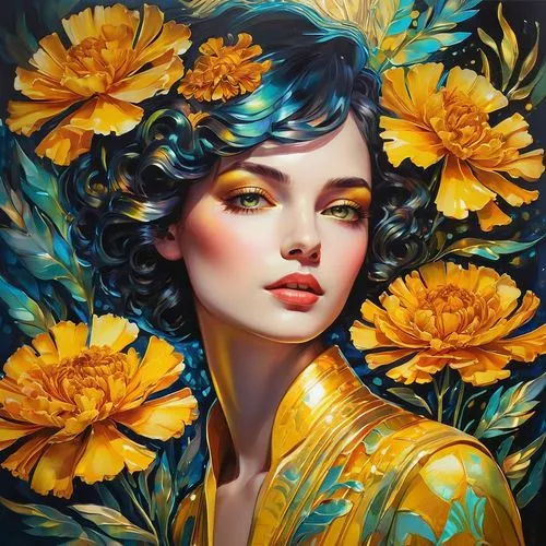 viveros,tretchikoff,girl in flowers,golden flowers,oshun,yellow petals,Illustration,Paper based,Paper Based 04