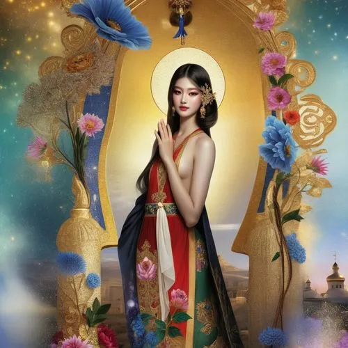 feel safe when you are here,a woman in traditional chinese dress next to a statue of a person,oriental princess,diaochan,oriental painting,oriental girl,qixi,ao dai,Illustration,Realistic Fantasy,Real