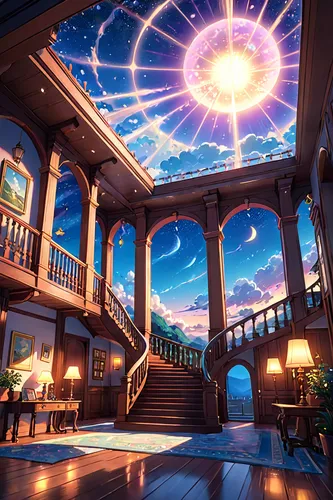 dandelion hall,mansion,ballroom,ornate room,beautiful home,sky space concept,sky apartment,starscape,cg artwork,conservatory,star sky,roof landscape,musical dome,great room,victorian,starry sky,lobby,luxury home,planetarium,wooden beams,Anime,Anime,General