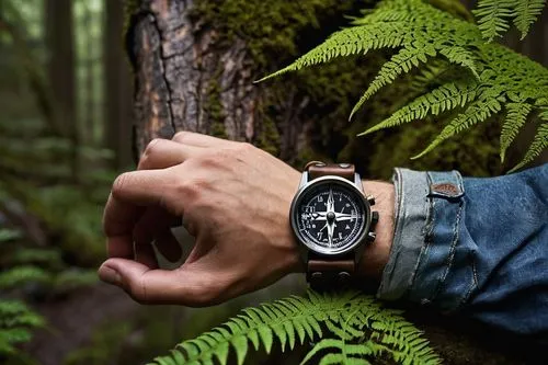 Hand, compass, tattoos, detailed lines, intricate design, bold black ink, subtle shading, masculine, adventurous, rugged, outdoorsy, explorer, navigation, leather wrist strap, worn denim sleeve, relax