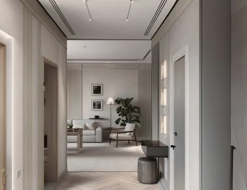 Living room in beige tones with a dining area, featuring light beige walls with textured plaster and a white cornice and ceiling. The floor has light-colored wooden parquet laid in a herringbone patte