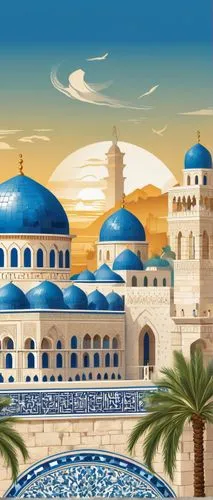 White stone buildings, Jerusalem style, grand arches, intricate carvings, ornate columns, blue domes, majestic minarets, Middle Eastern patterns, geometric shapes, vibrant tile work, intricate mosaics