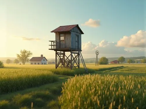 Watchtower, farmland setting, rural landscape, wooden structure, weathered boards, rusty metal roof, ladder leading up, 3/4 composition, panoramic view, soft warm lighting, late afternoon, few puffy c