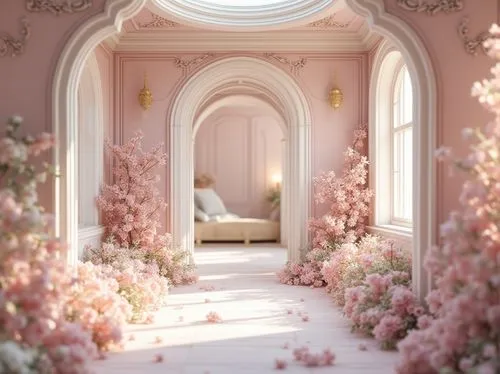 ornate room,dandelion hall,flower wall en,the little girl's room,soft pink,beauty room,dreamhouse,bedroom,bedchamber,hallway,hallway space,doorways,white room,pearl border,danish room,flower booth,nursery,secret garden of venus,sunroom,bay window,Photography,General,Realistic