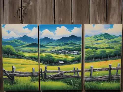 salt meadow landscape,pasture fence,alpine pastures,ricefield,rice fields,fence posts,grasslands,rice paddies,yamada's rice fields,rural landscape,mountain scene,farm background,landscape background,chinese screen,mountain range,farm landscape,canvas board,rice field,mountain meadow hay,glass painting,Illustration,Japanese style,Japanese Style 18