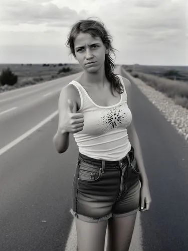 B&W high res photo: A poor-looking young woman stands at the side of the road with her thumb up, hitchhiking.,girl posing with thumbs up in the middle of the highway,hitchhiked,hitchhike,hitchhikes,hi