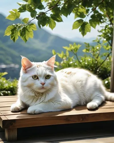 turkish angora,japanese bobtail,white cat,turkish van,chinese pastoral cat,aegean cat,siberian cat,american shorthair,european shorthair,british shorthair,american curl,kurilian bobtail,domestic short-haired cat,norwegian forest cat,cat resting,perched on a log,calico cat,cute cat,cat image,breed cat,Photography,General,Realistic