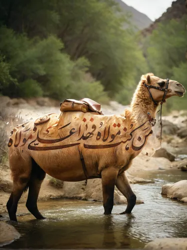 A camel in a stream loaded with heritage luggage,camel train,two-humped camel,dromedary,male camel,camel caravan,arabian camel,camel,camels,dromedaries,kutsch horse,weehl horse,camelride,bazlama,woode