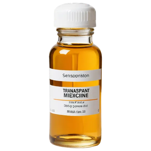 Transparent glass medicine bottle, rounded body, narrow neck, white plastic cap, shiny surface, subtle reflection, detailed label, bold font, bright color scheme, 3/4 composition, soft focus, morning 