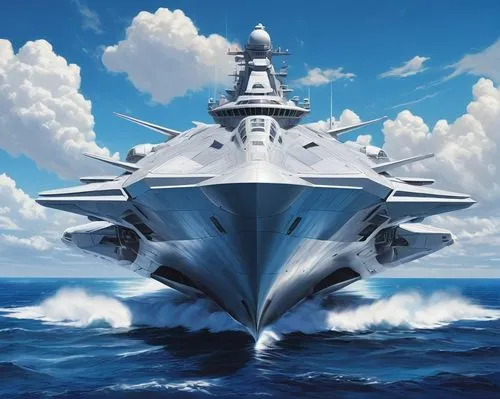 White Ultra-modern high-tech warship, laser guns, space distortion systems, takeoff engines, blue sky, blue sea,,a large boat floating through the ocean,vikramaditya,nortraship,supercarrier,scharnhors