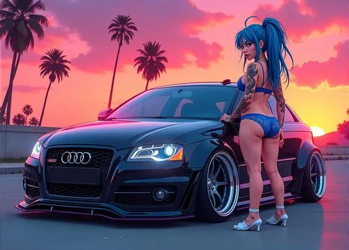 un coche Audi A3 negro S line, estilo stance, con una joven de 20 años de aspecto latino de pelo azul con tatuajes de dragones, en EN ROPA INTERIOR de encaje DE COLOR azul, con unas tetas descomunales