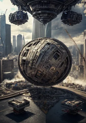 sci fi,district 9,sci - fi,sci-fi,futuristic architecture,scifi,futuristic landscape,millenium falcon,science-fiction,science fiction,airships,federation,alien ship,metropolis,destroyed city,empire,very large floating structure,hospital landing pad,hub,digital compositing,Realistic,Movie,Urban Destruction