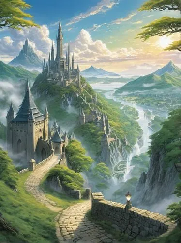 gondolin,fantasy landscape,beleriand,nargothrond,alfheim,fablehaven,seregil,rivendell,fantasy picture,citadels,elves country,riftwar,erebor,mountain settlement,landscape background,skylands,ithilien,principality,tirith,thingol,Illustration,Japanese style,Japanese Style 04