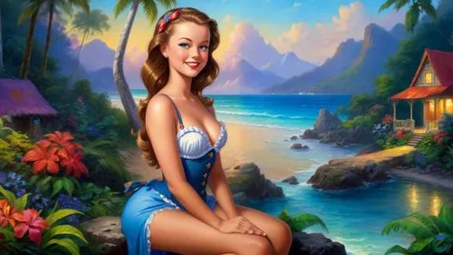 mermaid background,pin-up girl,retro pin up girl,pin up girl,beach background,the sea maid,landscape background,fantasy picture,hawaiiana,retro pin up girls,pin-up girls,cartoon video game background,polynesian girl,blue hawaii,fantasy art,amphitrite,pin-up model,ariel,summer background,candy island girl