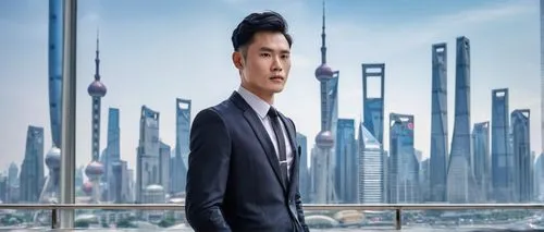 Mature, gentle, Yanjun Cheng, solo, (30yo), handsome detailed eyes, slight smile, short black hair, suit, white shirt, tie, formal trousers, leather shoes, briefcase, standing, cityscape, Shanghai, sk