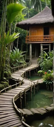 Traditional vernacular architecture, regional design, Southeast Asian style, wooden stilt house, curved tiled roof, intricately carved doors, vibrant colors, lush greenery, tropical plants, coconut tr