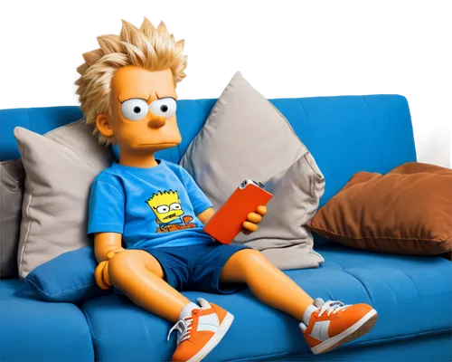 Bart Simpson, cartoon boy, messy blonde spiky hair, blue shirt, orange shorts, sneakers, sitting on couch, lazy posture, holding TV remote, humorous expression, soft lighting, warm color tone, shallow